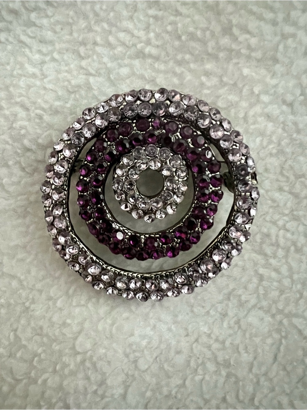 Vintage Silver Tone with Clear and Purple Rhinestones Round Brooch / Pendant.